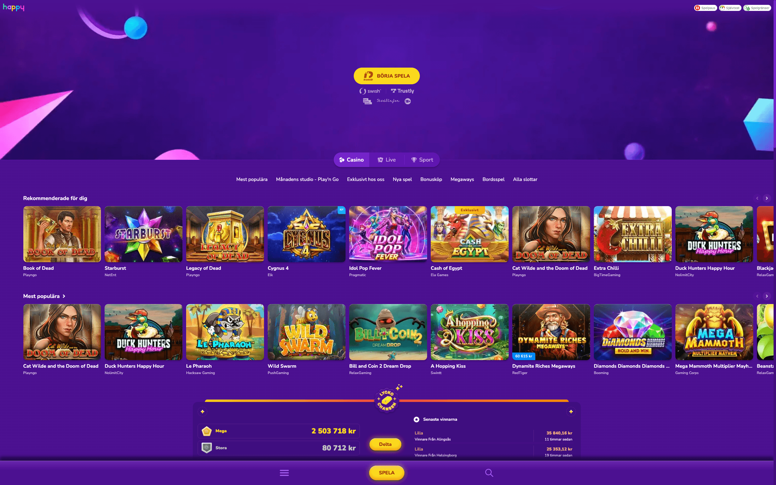 Happy Casino spel-lobby med slot-thumbnails